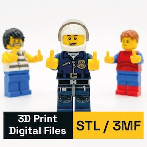 May include: Three plastic toy figures including a police officer in a white helmet and blue uniform, a figure in a striped shirt, and a figure in a red shirt. All three figures are holding up their middle fingers. Text reads 3D Print Digital Files STL / 3MF.