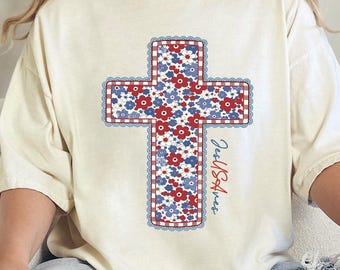 Comfort Colors® Floral Red White and Blue Cross Shirt, 4th of July Christian Gift