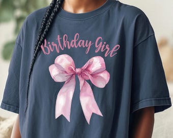 Comfort Colors Birthday Girl Tee, Pink Bow Coquette Shirt