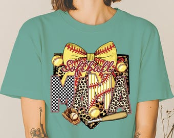Comfort Colors® Retro Leopard Coquette Softball Mama Shirt, Game Day Sports Mom Gift