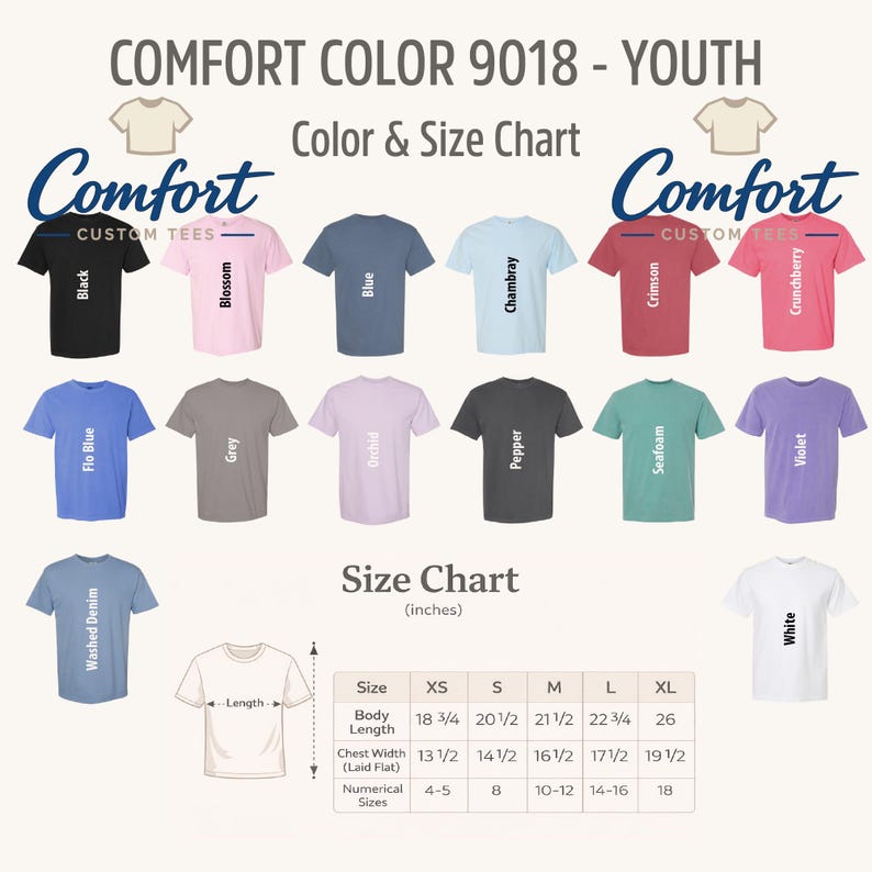 May include: Color and size chart for youth t-shirts. The chart displays various t-shirt colors, including black, blossom, blue, chambray, crimson, and crunchberry. A size chart in inches is also included, detailing body length and chest width measurements for sizes XS to XL.