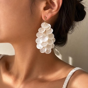 White Shell Disc Drop Earrings, Boho Beach Dangle Earrings, Gold Tone Tassel Statement Jewelry, Vacation Gift for Women