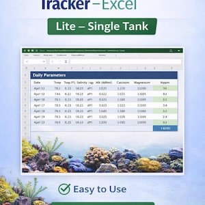 Könnte beinhalten: Eine digitale Tabelle mit dem Titel "Reef Parameter Tracker - Excel" mit Datentabellen für Aquarienwasserparameter. Das Bild enthält den Text "Easy to Use" und "Lite - Angle Tank".