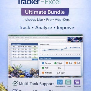 May include: An advertisement for a reef parameter tracker in Excel. The image includes screenshots of the software, displaying data analysis and tracking features. Text includes "Ultimate Bundle" and "Track, Analyze, Improve."