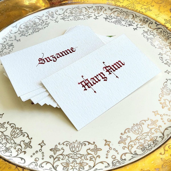 Gothic calligraphy handwritten place cards, fantasy wedding decor, medieval wedding placecards, wedding reception essentials, party supplies