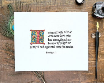 Custom illuminated manuscript, medieval illumination, Gothic calligraphy art, handwritten quote, bible verse art, handmade medieval gift