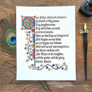 Lord's prayer calligraphy art print, scripture artwork for home, Medieval illuminated manuscript, Christian gift for religious man, image 1