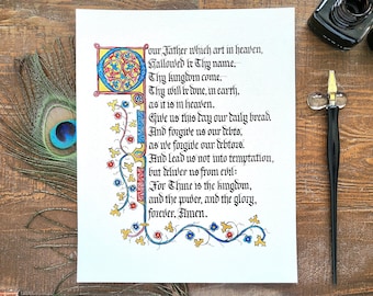 Lord's prayer calligraphy art print, scripture artwork for home, Medieval illuminated manuscript, Christian gift for religious man,