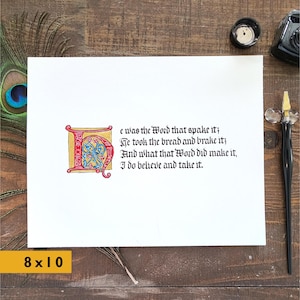 Custom illuminated manuscript, medieval illumination, Gothic calligraphy art, handwritten quote, bible verse art, handmade medieval gift