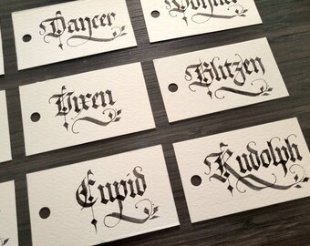 Calligraphy place cards, fantasy wedding reception seating chart cards, Gothic calligraphy gift tags, handwritten paper name tags,