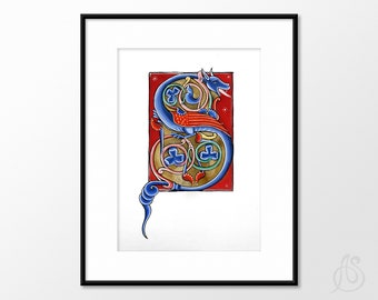 Illuminated Manuscript, monogram letter s wall decor, medieval dragon art print, medieval history gifts for dad, renaissance gifts for men