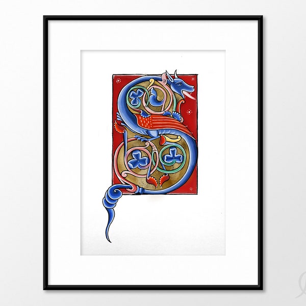 Illuminated Manuscript, monogram letter s wall decor, medieval dragon art print, medieval history gifts for dad, renaissance gifts for men