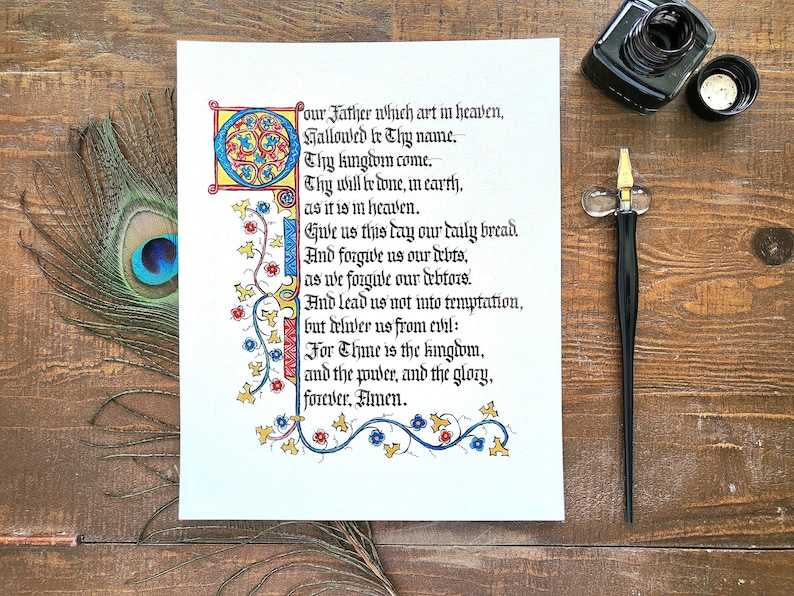 Lord's prayer calligraphy art print, scripture artwork for home, Medieval illuminated manuscript, Christian gift for religious man, image 1