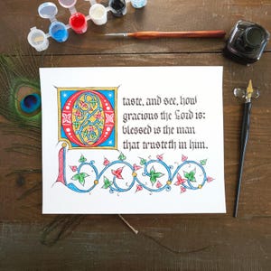 Custom illuminated manuscript, medieval illumination, Gothic calligraphy art, handwritten quote, bible verse art, handmade medieval gift image 9