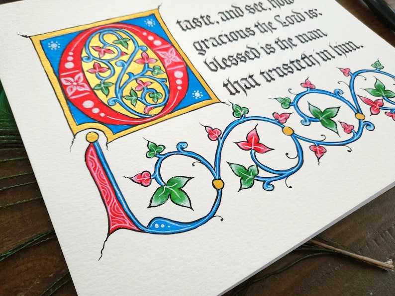 Custom illuminated manuscript, medieval illumination, Gothic calligraphy art, handwritten quote, bible verse art, handmade medieval gift image 10