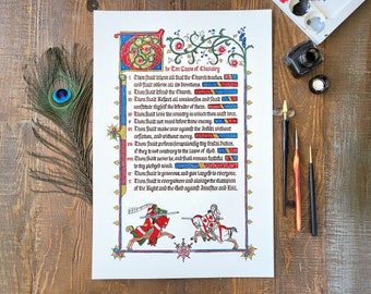 Custom illuminated manuscript, medieval illumination, Gothic calligraphy art, handwritten quote, bible verse art, medieval gift