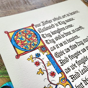 Lord's prayer calligraphy art print, scripture artwork for home, Medieval illuminated manuscript, Christian gift for religious man, image 2
