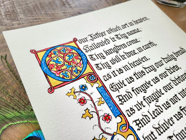 Lord's prayer calligraphy art print, scripture artwork for home, Medieval illuminated manuscript, Christian gift for religious man, image 2