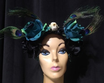 Sale! Was 170 now 140! Day of the dead Headdress/ Día de Muertos/ Real skunk skull flower crown with peacock feathers/ Sugar skull headdress