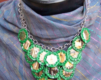 OOAK -Green Motif- Upcycled Magazine Collage and Beer Cap Motif on Chain Necklace  "Amsterdam"