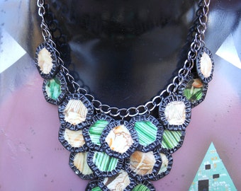 OOAK - Green Motif - Upcycled Magazine Collage and Beer Cap Motif on Chain Necklace  "Boulevard Pattern"