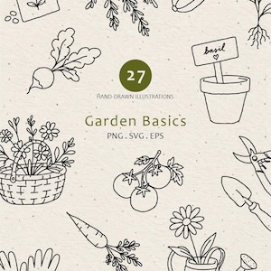 Gardening Clipart, Gardener Collection, Whimsical Flowers Doodles, Cute Veggie Graphics, Rustic Decor, Sprout Line Art Bundle, Garden Tools
