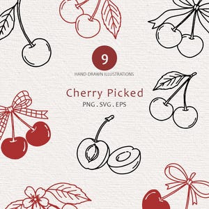 May include: A collection of nine hand-drawn cherry illustrations featuring various line art and solid red designs. The text reads 9 HAND-DRAWN ILLUSTRATIONS, Cherry Picked, PNG. SVG. EPS, and @cabinetoflines on a textured off-white background.