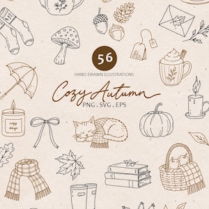 May include: A collection of 56 brown hand-drawn illustrations featuring autumn-themed items including a teapot, mushroom, pumpkin, cat, books, boots, scarf, candle, and tea, with the text 56 HAND-DRAWN ILLUSTRATIONS Cozy Autumn PNG. SVG. EPS.