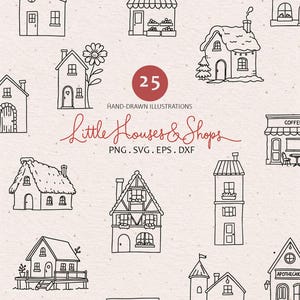 Little House and Shop, Line Drawn Home, Clipart, Cartoon Illustration PNG, Hand-Drawn Doodle SVG, Housewarming, Cute Cottage, Treehouse