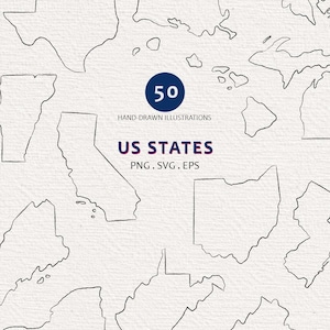 May include: A collection of black line art outlines of various US states on a textured white background. The central text reads 50 HAND-DRAWN ILLUSTRATIONS US STATES PNG. SVG. EPS, with the number 50 inside a dark blue circle.