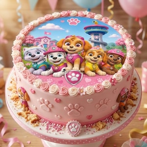 Könnte beinhalten: Ein runder rosa Kuchen, verziert mit weißen Zuckergusswirbeln und Pfotenabdruck-Akzenten. Die Oberseite zeigt ein essbares Bild von fünf Zeichentrickwelpen aus Paw Patrol, darunter Skye und Marshall, vor einem Hintergrund mit einem Aussichtsturm.