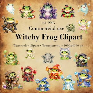 Könnte beinhalten: Eine Sammlung von Aquarell-Clipart mit skurrilen Froschfiguren in verschiedenen Kostümen und Posen. Das Bild enthält den Text "Witchy Frog Clipart", "Commercial use" und "Watercolor clipart • Transparent • 4096x4096 px".