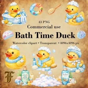 Gummi Anka Clipart för Baby Shower, Akvarell Bad Anka PNG Bundle, Söt Barnrum Badrumsinredning, 43 Barngrafik