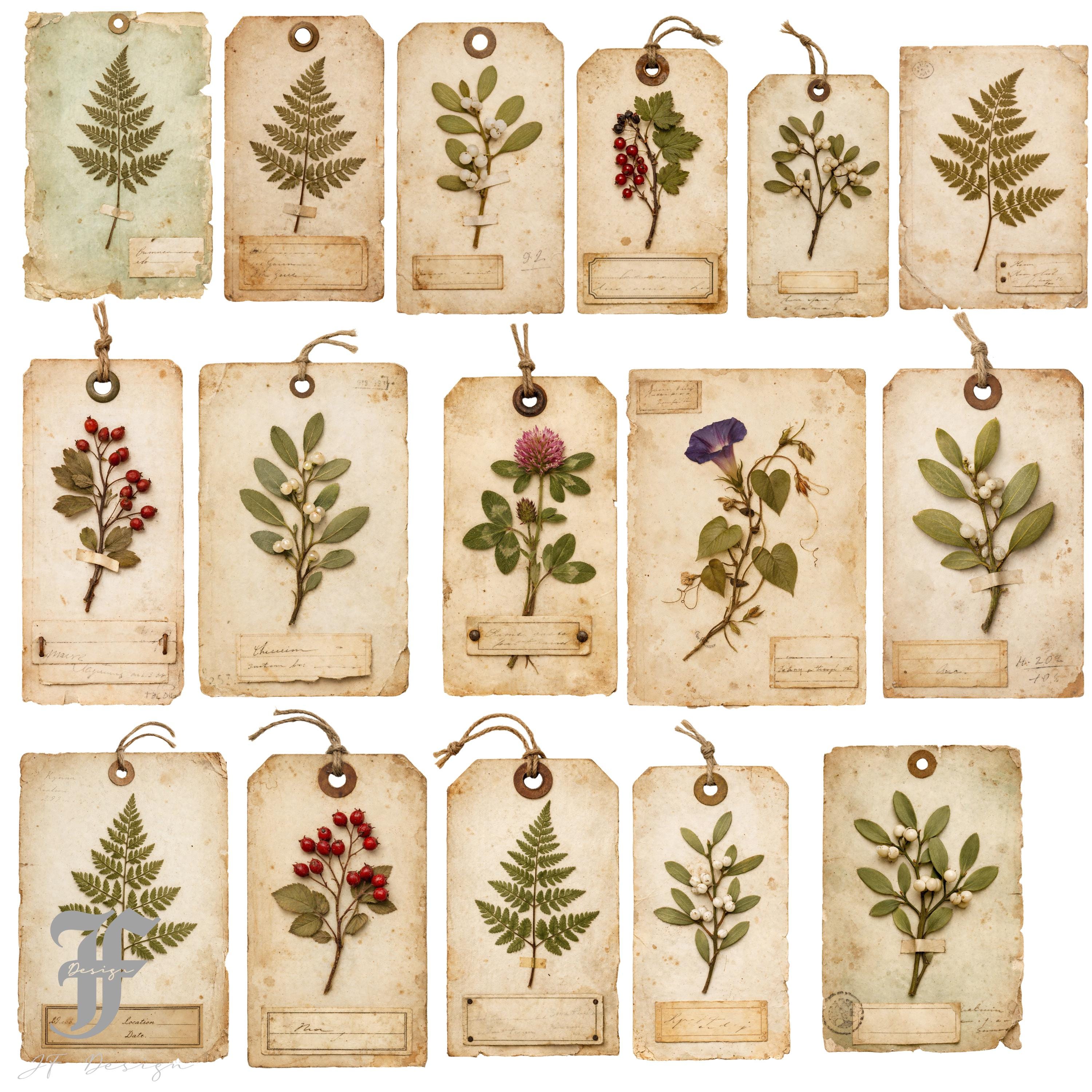 Vintage Botanical Tags Clipart, Herbarium Junk Journal Kit, Dried ...