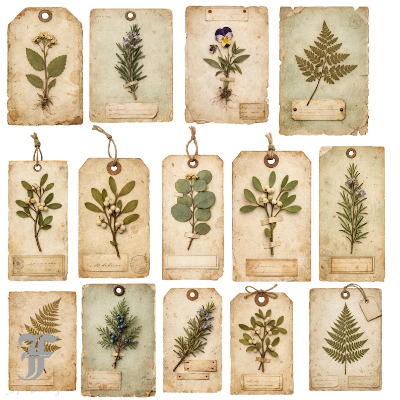 Vintage Botanical Tags Clipart, Herbarium Junk Journal Kit, Dried ...