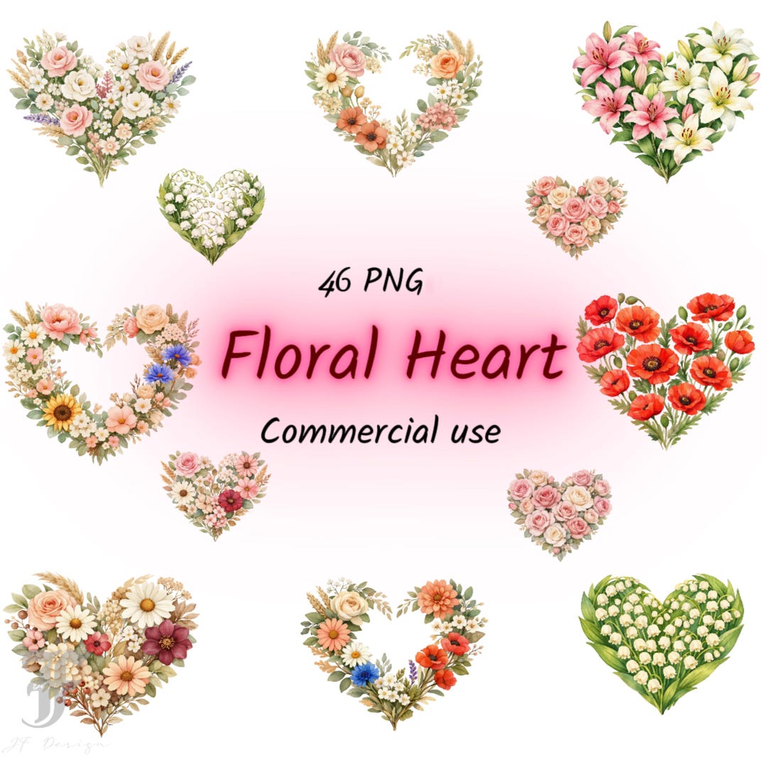 Watercolor Floral Heart Clipart – PNG Flower Wreath Bundle (digital ...