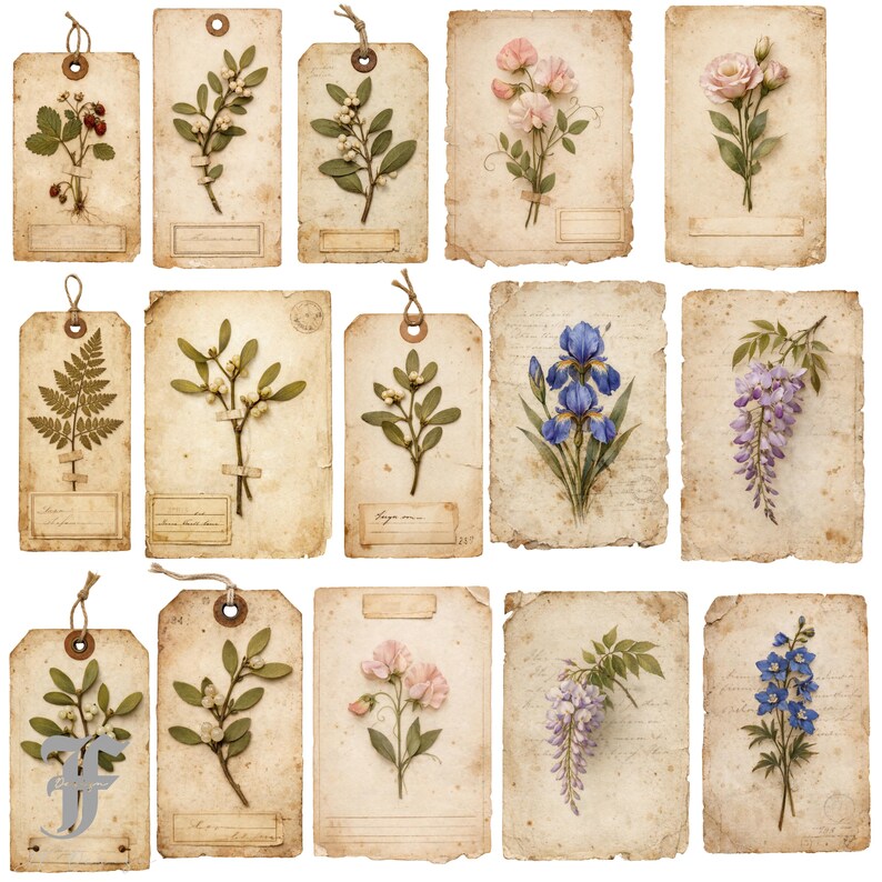 Vintage Botanical Tags Clipart, Herbarium Junk Journal Kit, Dried ...