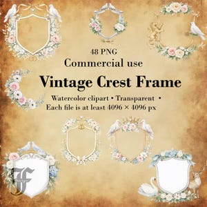 Puede incluir: Una colección de marcos de crestas vintage en varias formas, adornados con arreglos florales, palomas y elementos decorativos. Los marcos son dorados, plateados y blancos, con un efecto de acuarela. El texto en la imagen dice "Vintage Crest Frame".