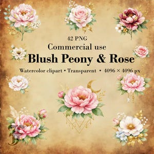 Aquarelle Blush pivoine et Rose Clipart, PNG floral bohème d'herbe de la pampa, graphiques de bouquet de mariage d'or, terre cuite et fleurs roses, logo floral