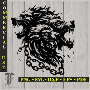 May include: Black and white illustration of Cerberus, the three-headed dog from Greek mythology, with snarling faces and a chain. The image includes the text "COMMERCIAL USE" and file type options: PNG, SVG, DXF, EPS, and PDF.