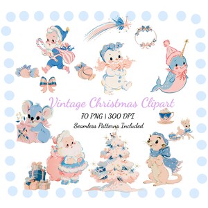 Clipart de Natal Vintage | 70 PNGs – Renas bebês, Papai Noel, Bonecos de neve, Gatinhos, Padrões sem costura, Download digital de Natal retrô em tons pastel