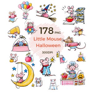 以下が含まれることがあります： Little Mouse Halloween 300DPIと題された178個のPNGファイルのデジタルコレクション。様々な衣装を着たネズミ、キャンディを持つネズミ、三日月に乗るネズミ、お菓子作りをするネズミ、ほうきに乗って飛ぶネズミの水彩画風イラストが含まれています。