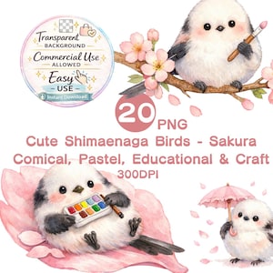 May include: Watercolor illustrations of cute Shimaenaga birds with cherry blossoms. One bird holds a paintbrush, another a palette, and a third shelters under a pink umbrella. The image includes text: "Cute Shimaenaga Birds - Sakura".