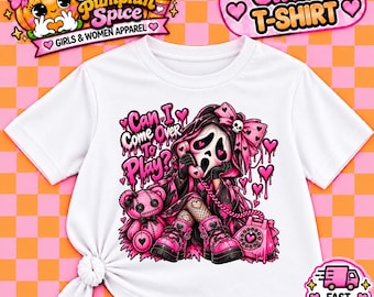 Pink Spooky-Cute Ghostface-Inspired Girls T-Shirt | “Can I Come Over to Play?”