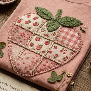 May include: A dusty pink t-shirt featuring a large, central strawberry-shaped patch made of various fabric squares with floral, berry, and gingham patterns. The patch is outlined with decorative stitching and topped with green embroidered leaves.