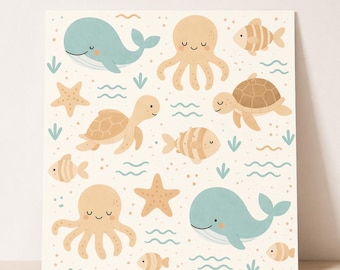 Quadri da parete per la cameretta con animali marini, stampabili in PDF e JPEG, poster per la decorazione della cameretta dei bambini, arte per la cameretta del neonato, download immediato.
