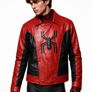 May include: Red and black leather jacket with a large black spider emblem on the chest. The jacket has a collared neckline and button closures. The sleeves and side panels are black.