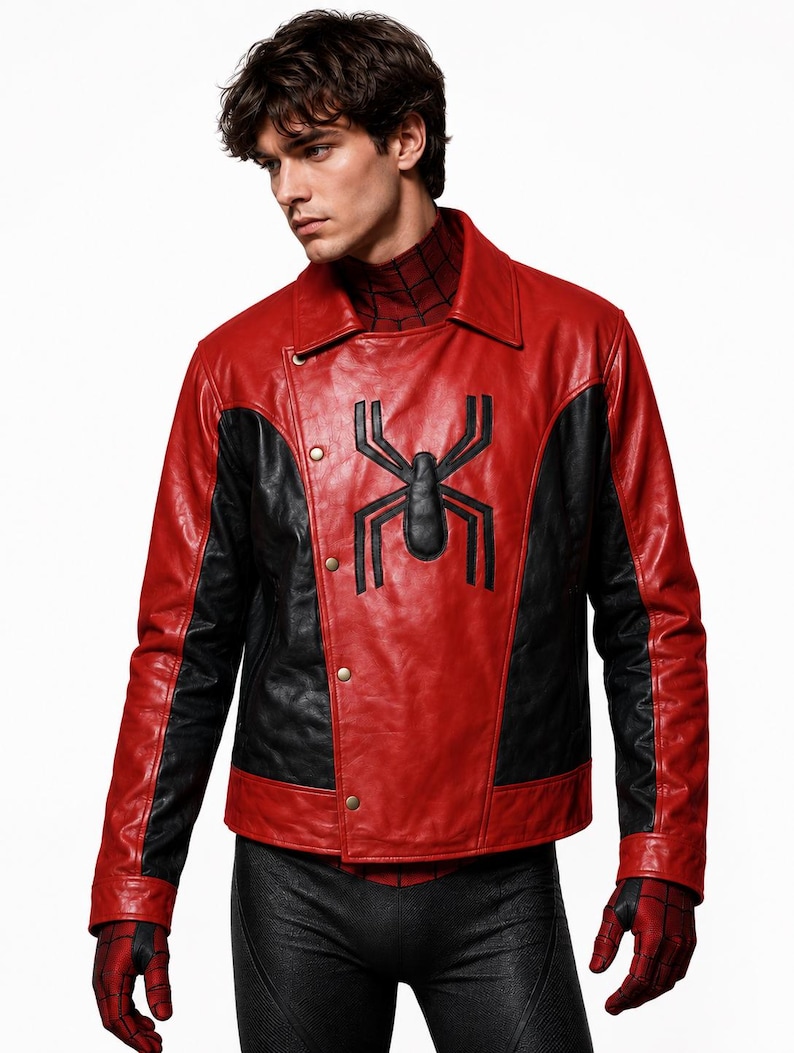 May include: Red and black leather jacket with a large black spider emblem on the chest. The jacket has a collared neckline and button closures. The sleeves and side panels are black.