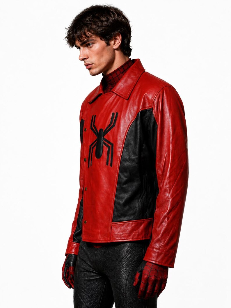 May include: Red and black leather jacket featuring a large black spider emblem on the chest. The jacket has a collared neckline and button closure. The sleeves and sides are black, and the gloves are red.