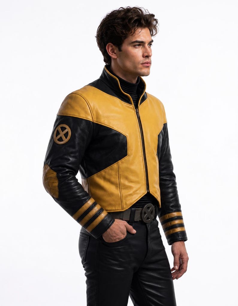 Op de afbeelding: Een leren jas met een geel en zwart kleurblokontwerp, voorzien van een hoge kraag, een ritssluiting aan de voorzijde en drie horizontale gele strepen op elke mouw. Een X-Men logopatch is zichtbaar op de bovenarm, inclusief een bijpassende riemgesp.